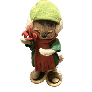 Vintage ANNALEE Christmas Mouse with Snow Shoes 6" tall Creepy Cute